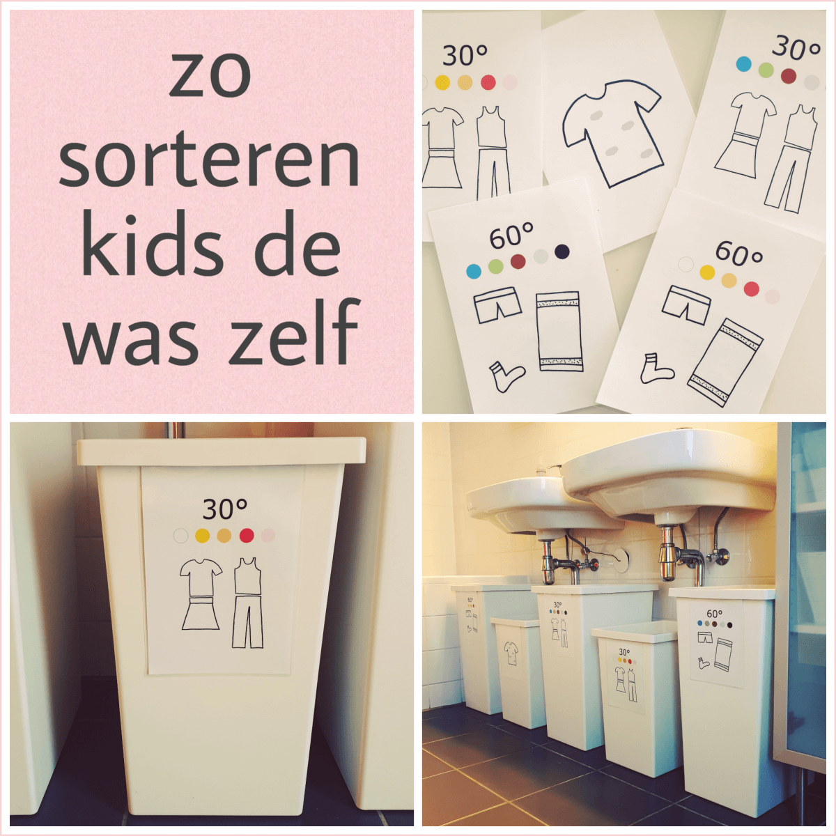 Organizing met kinderen: was sorteren in gemarkeerde wasmanden. De meeste kinderen willen heel graag hun eigen kleding in de wasmand gooien, maar de juiste wasmand kiezen is best ingewikkeld. Als je ze dan naroept “de zestig graden was”, dan wordt het er niet makkelijker op. Daarom bedacht ik een organizing systeem om het makkelijker te maken. Hierdoor kunnen de kinderen nu heel makkelijk zelf hun was sorteren in de gemarkeerde wasmanden. 