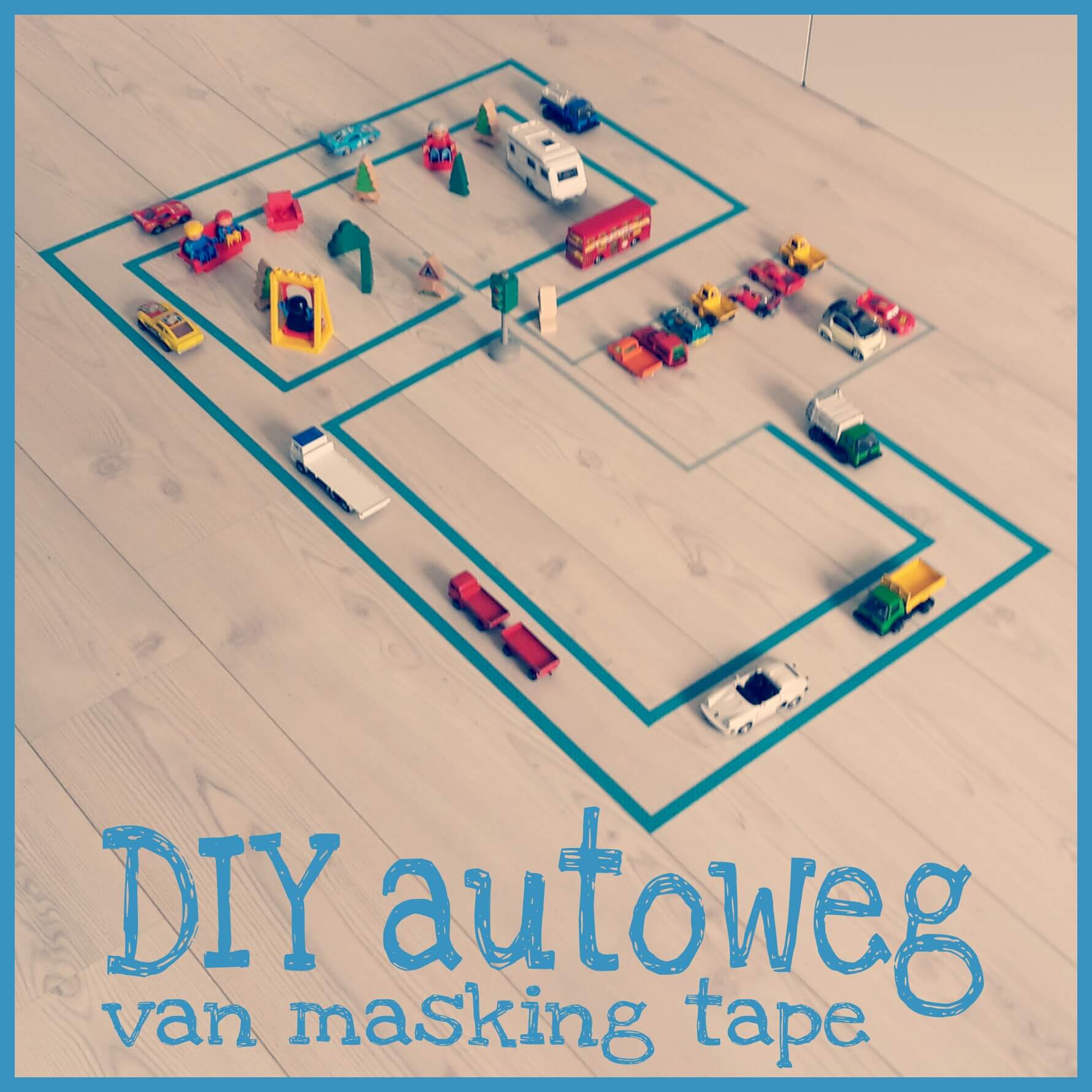 Ideeën om te knutselen met peuter en kleuter, zoals een DIY autoweg van masking tape. 