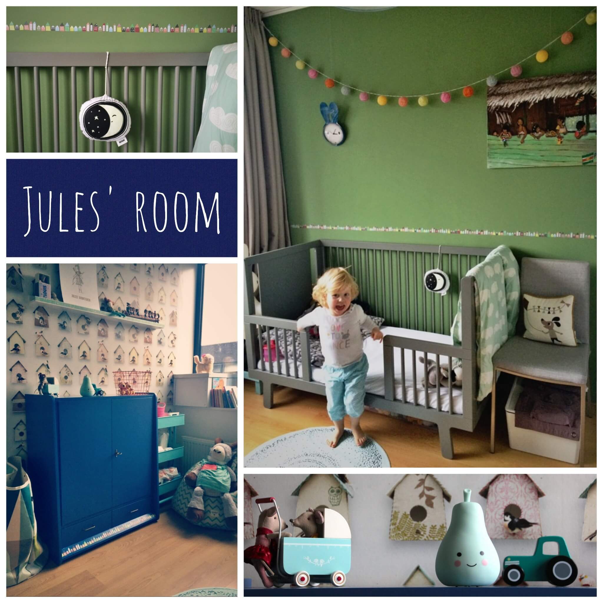 Binnenkijker de kinderkamer van Jules, in mint, blauw, turkoois, geel, grijs en een beetje neon roze