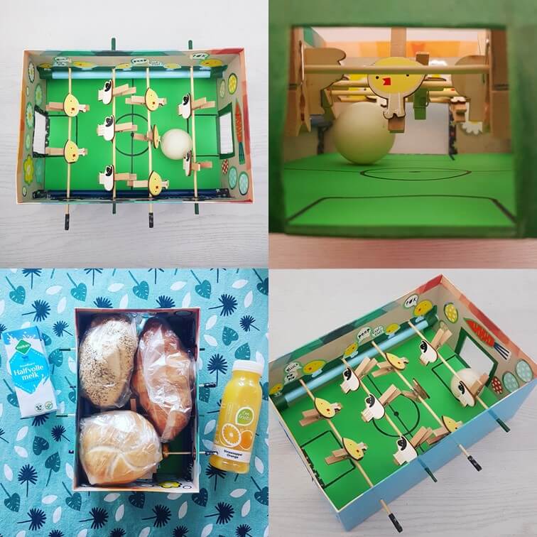 Paasdoos knutselen: de leukste ideeën voor het paasontbijt op school - voetbaltafel-schoenendoos met schapen en paaskuikens