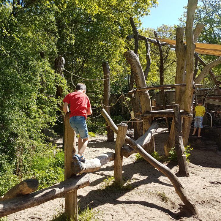 Spelen in de houten speeltuin.