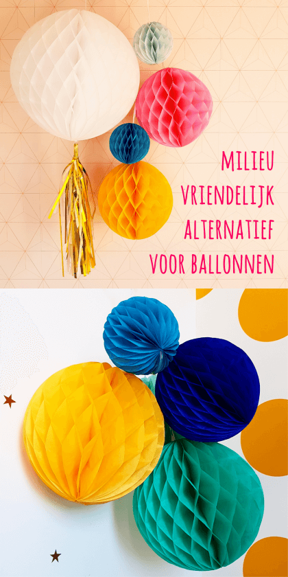 Milieuvriendelijk alternatief voor ballonnen: gekleurde papieren honeycomb bollen #leukmetkids #verjaardag