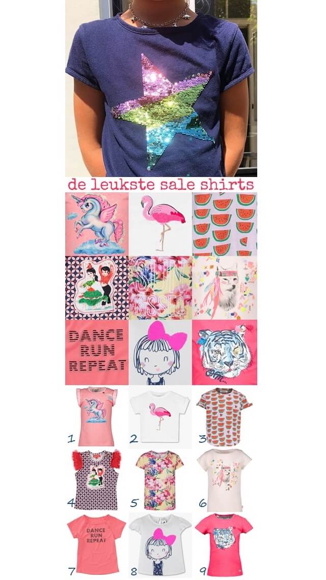 de leukste sale shirts voor meisjes #leukmetkids #kinderkleding #meisjeskleding #sale ster met omkeerpailletten, eenhoorn op wolk, aaibare flamingo, watermeloenen, flamencodansers, tropische bloemen, wolf met printjes van Billieblush, sporty girl, meisje met strik, tijger met knipoog