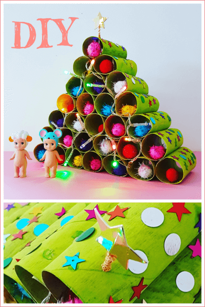 Kerstboom knutselen van wc rollen, compleet met kerstlichtjes en kerstballen