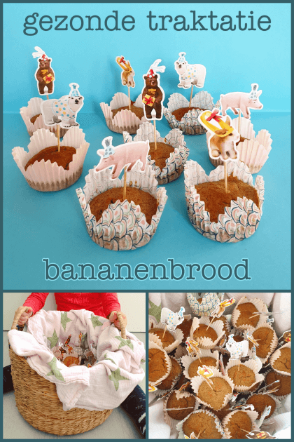 Gezonde traktatie: bananenbrood cupcakes. Wil je een lekkere en gezonde traktatie maken voor de crèche of op school? Dan is bananenbrood ideaal en in cupcake vormpjes ziet het er ook nog eens heel feestelijk uit. Dit is ons recept voor bananenbrood cupcakes of cake. 