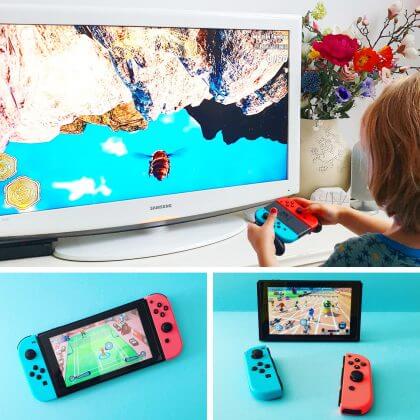 Nintendo Switch: spelcomputer die je thuis en onderweg kunt gebruiken. Thuis gebruik je de console met de TV. Onderweg klik je de controllers aan de console en heb je een handheld, een soort game boy. Daarnaast kun je ook het kleine schermpje op tafel zetten en de controllers los gebruiken.