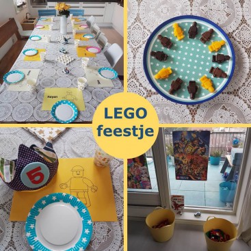 Kinderfeestje met zelfgemaakte LEGO versiering en traktatie