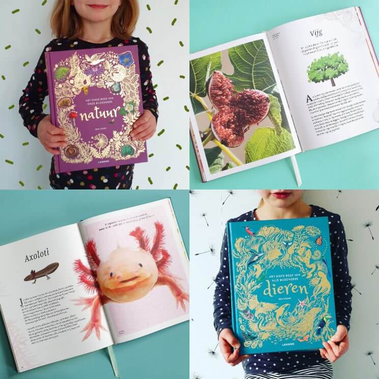 Het dikke boek van onze bijzondere natuur en van alle bijzondere dieren. Dit zijn twee mooie kinderboeken, een boek over dieren en een boek over de natuur. Het dikke boek van alle bijzondere dieren gaat over 100 mooie dieren uit het dierenrijk. In het dikke boek van onze bijzondere natuur zie je allerlei aspecten van de natuur. Echt boeken voor nieuwsgierige kinderen dus, vanaf een jaar of 8..