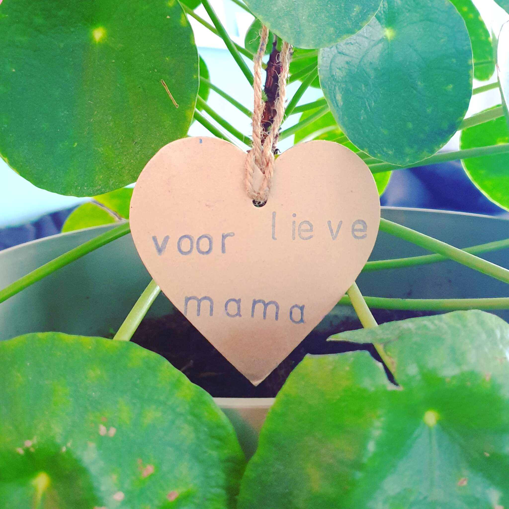 Dit lieve kaartje maakte kleine meis jaren geleden op de crèche. Het hangt nog steeds in mijn werkkamer. Soms hangt het in een plant, soms op het prikbord.