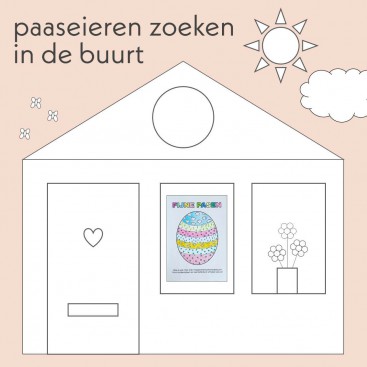 Paaseieren zoeken in de buurt: kleurplaat voor Pasen. Paaseieren zoeken kun je natuurlijk in je eigen huis of tuin doen. Maar hoe leuk is het als kinderen tijdens een wandeling door hun buurt ook paaseieren kunnen zoeken? Als we allemaal deze kleurplaat uitprinten en voor de ramen hangen kunnen kinderen met Pasen paaseieren zoeken in hun eigen buurt!