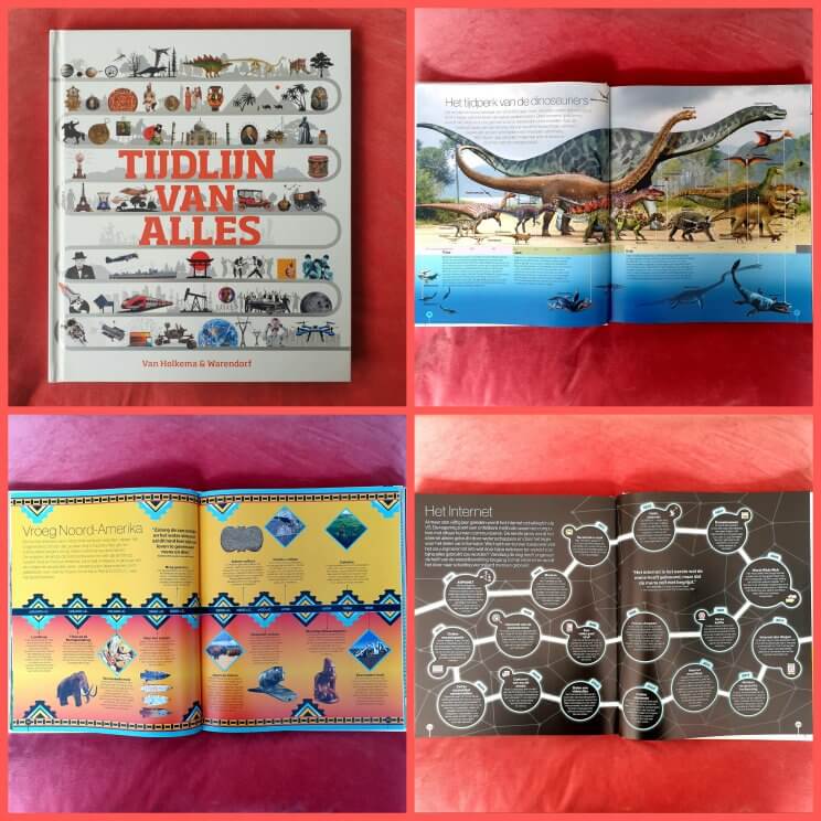 Tijdlijn van alles is een encyclopedie annex geschiedenisboek voor kinderen. Zo'n heerlijk dik naslagwerk. Het is letterlijk een tijdlijn, die begint bij de oerknal en eindigt bij het internet. Hoe verder je in het boek komt, hoe recenter. Iedere dubbele bladzijde bevat een apart onderwerp. Natuurlijk komen de verschillende tijdperken en rijken uit de geschiedenis aan bod. Maar je leest ook over ook allerlei specifieke onderwerpen. Denk aan steden, dans, kastelen, sieraden, de trein, geneeskunde, de race naar de maan, de dino's en nog veel meer. 