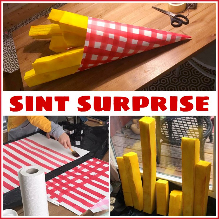 Sinterklaas surprise knutselen: heel veel leuke ideeën om te maken. Zoals dit mooie zakje frietjes gemaakt. Deze patat surprise is van karton, papier en verf. 