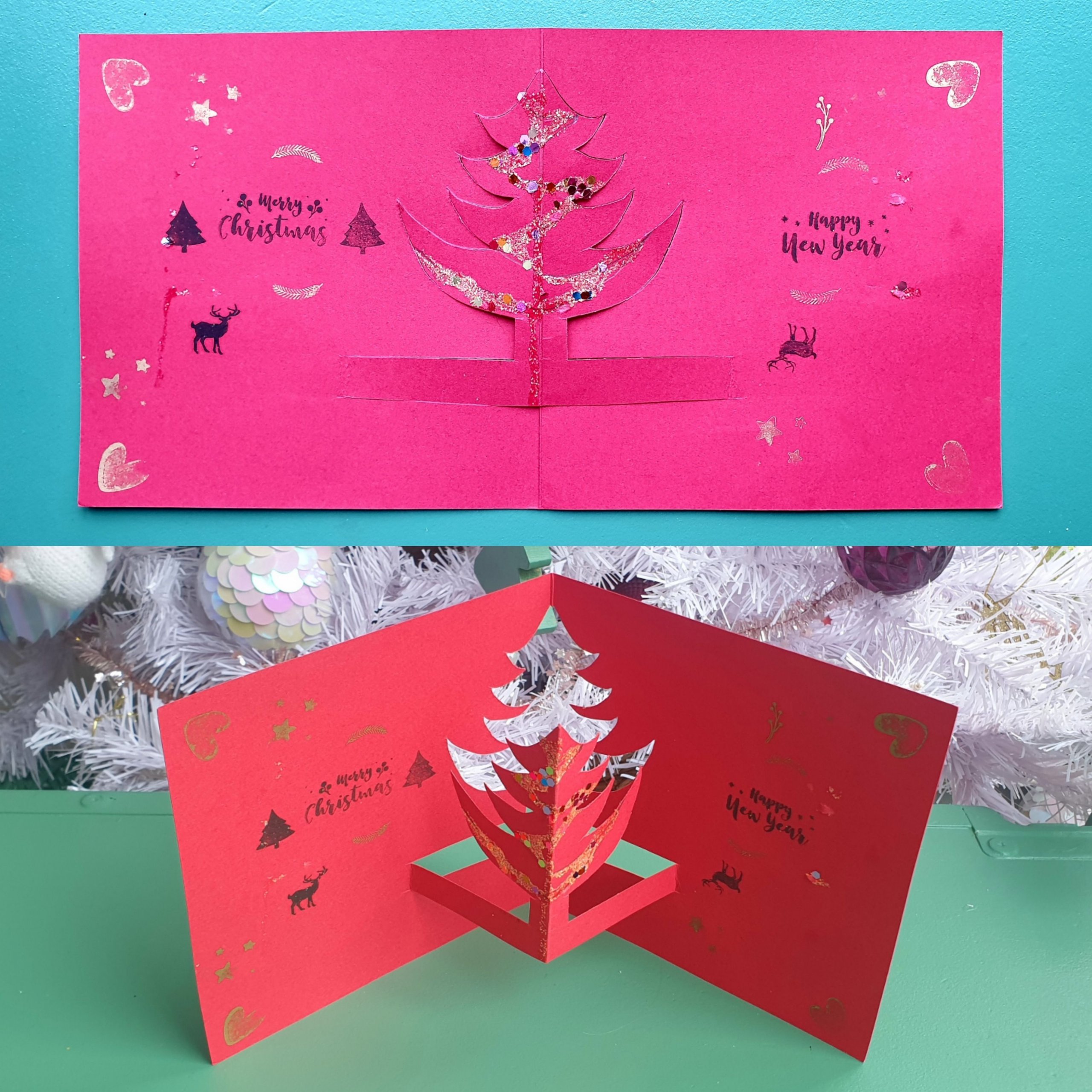 Kerstkaarten knutselen met kinderen: leuke ideeën. Dit zijn leuke kerstkaarten knutselen met kinderen, zoals deze van papier met uitgeknipte kerstboom. 