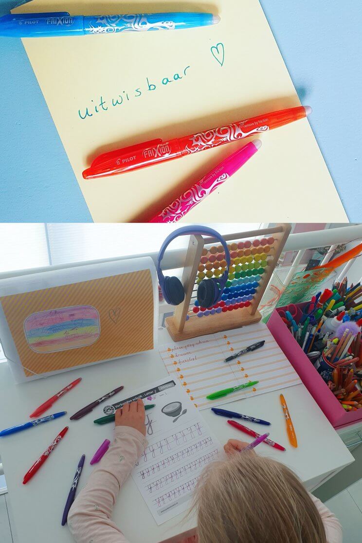 Ideaal: uitwisbare pen in vrolijke kleuren. 