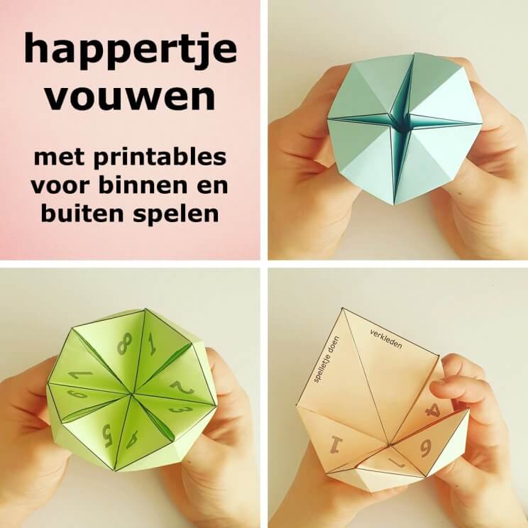 Happertje vouwen met ideeën voor binnenspelen en buitenspelen. "Mama, ik verveel me, wat kan ik doen?" Je kent het wel, de kids vervelen zich. Daarom bedacht ik deze spel-inspiratie happertjes, die je gratis kunt downloaden. Met ideeën voor buitenspelen, binnenspelen en voor in de natuur. En natuurlijk uitleg met een stappenplan om een happertje te vouwen.