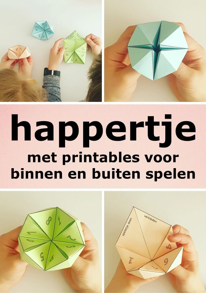 ideeën voor binnenspelen en buitenspelen. "Mama, ik verveel me, wat kan ik doen?" Je kent het wel, de kids vervelen zich. Daarom bedacht ik deze spel-inspiratie happertjes, die je gratis kunt downloaden. Met ideeën voor buitenspelen, binnenspelen en voor in de natuur. En natuurlijk uitleg met een stappenplan om een happertje te vouwen.