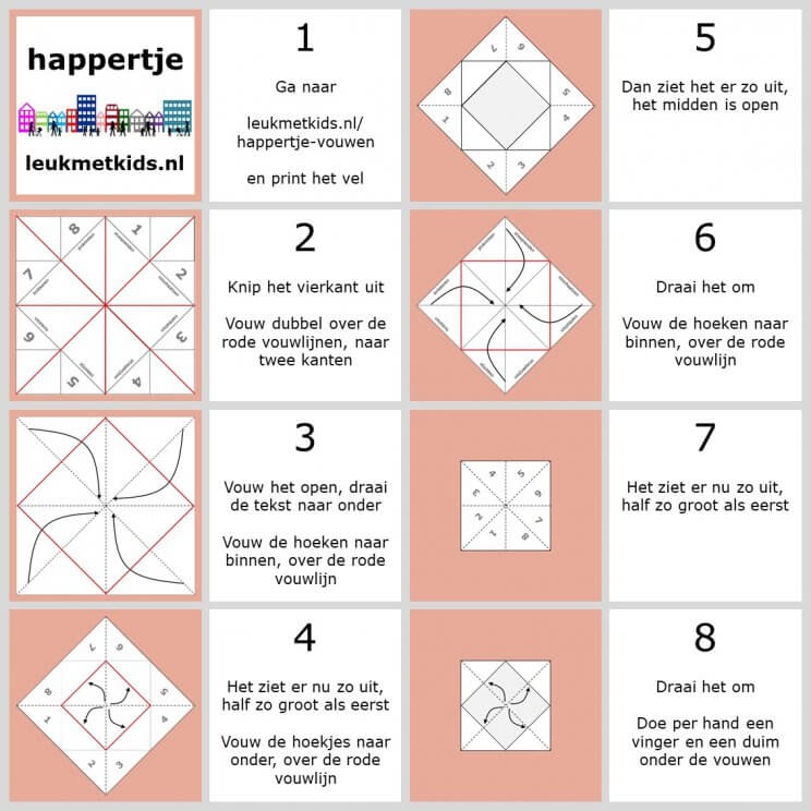 Happertje vouwen met ideeën voor binnenspelen en buitenspelen.  "Mama, ik verveel me, wat kan ik doen?" Je kent het wel, de kids vervelen zich. Daarom bedacht ik deze spel-inspiratie happertjes, die je gratis kunt downloaden. Met ideeën voor buitenspelen, binnenspelen en voor in de natuur. En natuurlijk uitleg met een stappenplan om een happertje te vouwen.