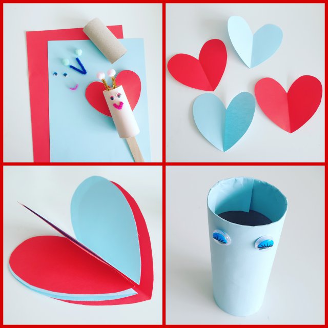 Knutselen voor Valentijnsdag: de leukste ideeën. Deze hartjes vlinders maakten we van wc rollen en gekleurd papier. Het zijn net poppetjes, leuk om een verhaaltje mee te verzinnen.