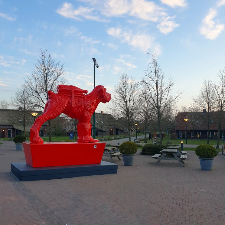 Hof van Saksen review: luxe vakantiepark voor kinderen én tieners. Kunst op Hof van Saksen, de rode hond is een Schnauzer. 