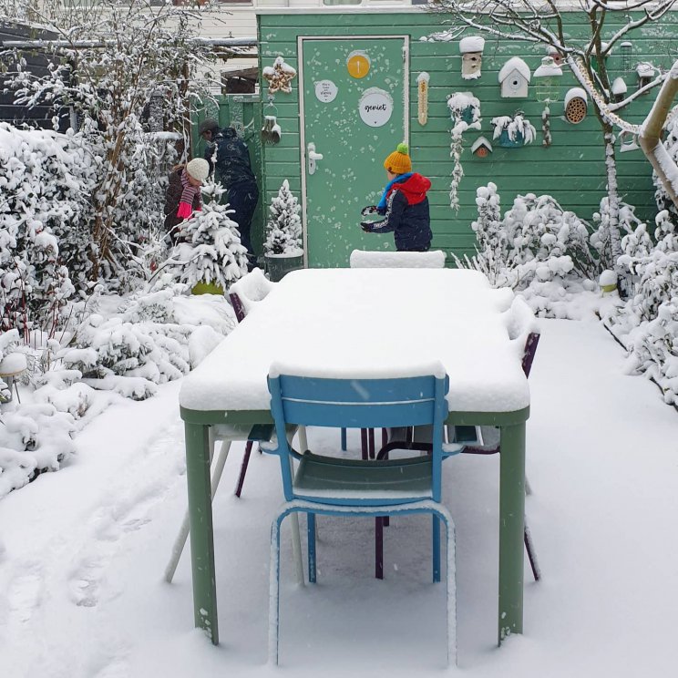 Tips voor een kindvriendelijke, kleurrijke en groenblijvende tuin. De tuin in de sneeuw in de winter.