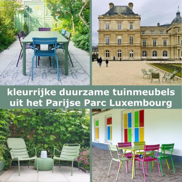 Kleurrijke duurzame aluminium tuinmeubels: Fermob tuinstoelen & tuintafel. We zijn al jaren verliefd op de kleurrijke duurzame aluminium tuinmeubels van Fermob. Kleurrijke meubels zorgen dat je tuin er het hele jaar vrolijk uitziet. Wellicht komen de stoelen je bekend voor: ze staan ook in het Parijse Parc Luxembourg.