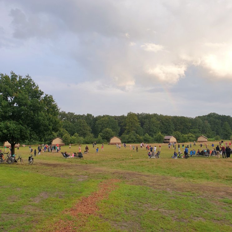 Huttopia de Roos: review van kindvriendelijke natuur camping in Overijssel. Er zijn veel verschillende speeltuinen, dit is de speeltuin. Toen wij er waren organiseerden gasten iedere avond slagbal. Eerst een halfuurtje voor kinderen tot en met negen, daarna voor oudere kids en volwassenen. Dat vonden de kids ontzettend leuk. 