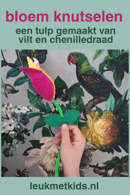 Bloemen knutselen: een tulp van vilt en chenilledraad. Vilt is een ideaal materiaal om mee te knutselen en mee te leren naaien. Kleine meis moest bloemen knutselen, het werd een tulp van vilt en chenilledraad. Makkelijk om zelf te maken en het ziet er heel leuk uit. Leuk cadeautje voor de juf, meester, papa, mama, opa of oma.