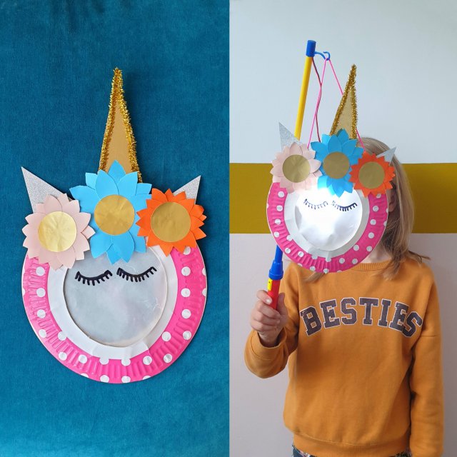 Mooie Sint Maarten lampion of lantaarn knutselen: heel veel ideeën. Zoals een roze eenhoorn of paarden lampion knutselen, een mooie lantaarn voor Sint Maarten, gemaakt van een papieren bord, gekleurd papier . Unicorn lantern crafting. 