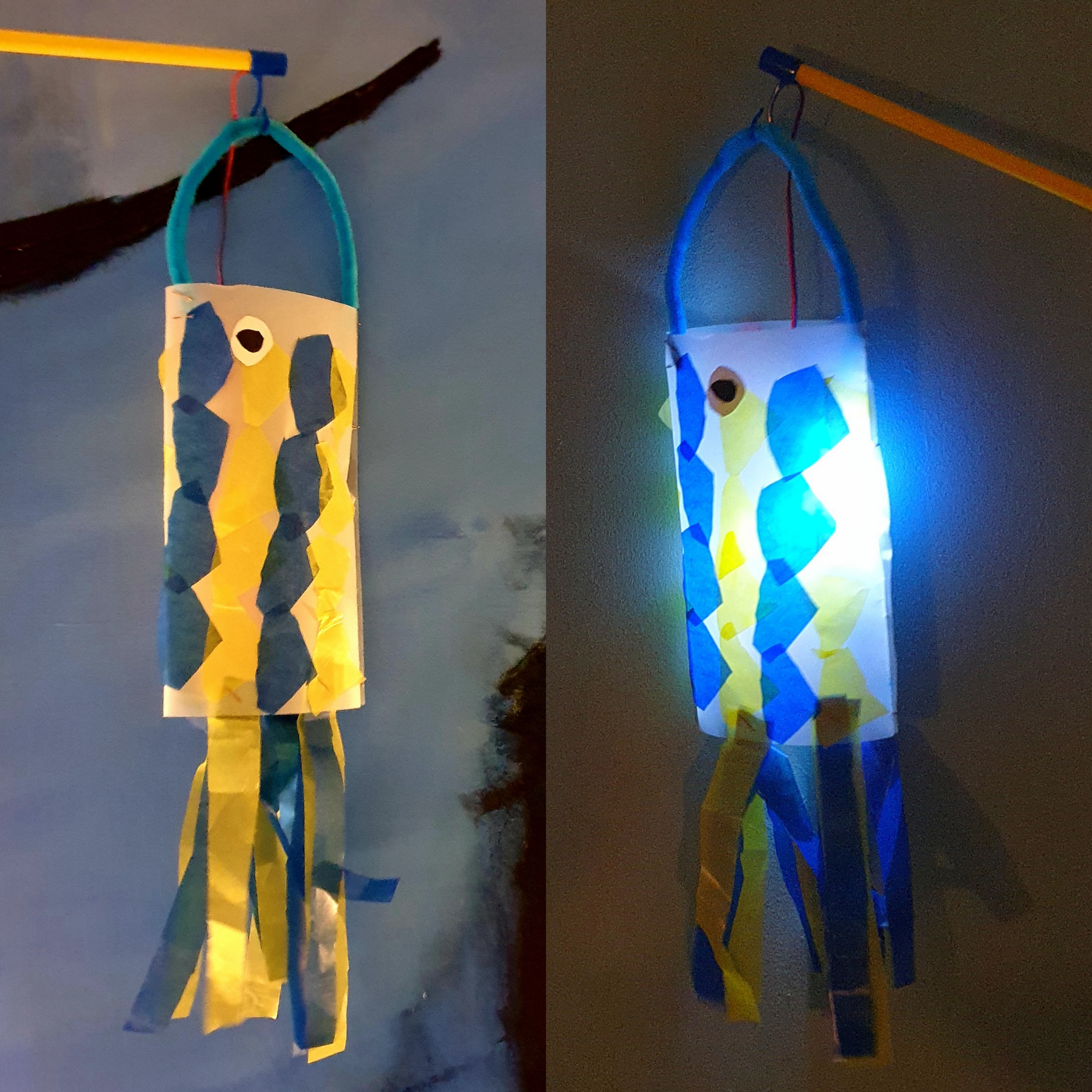 Mooie Sint Maarten lampion of lantaarn knutselen: heel veel ideeën. Zoals in de vorm van een vis, gemaakt van gekleurd papier, pijpenrager of chenilledraad en vliegerpapier.  