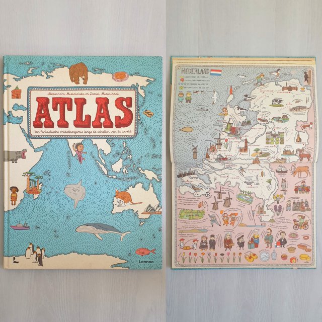 De Atlas van Daniel Mizielinski en Aleksandra Mizielinska is erg mooi. Het is een boek vol kaarten om eindeloos in te bladeren. Net als in veel andere atlassen zie je telkens eerst de kaart van een werelddeel met daarna een aantal landen in het werelddeel. De kaarten bevatten niet alleen plaatsnamen, maar ook veel mooie tekeningen. De atlas is leuk vanaf ongeveer 8 jaar, door het gebruikv van een alternatief lettertype en veel hoofdletters is het niet geschikt voor startende lezers. Er is ook een bijbehorend tekenboek.