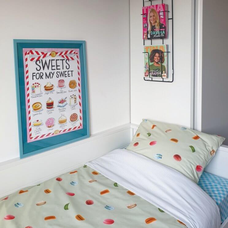 Duurzame dekbedden van Snurk: leuke prints voor kinderen en tieners. Dit dekbed met macarons is leuk voor meiden en jongens die van bakken houden, of van snoepen.
