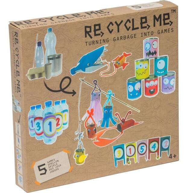 Re-cycle-me heeft knutselpakketten waarmee je afval kunt hergebruiken. Met thema's als ruimtevaart, spelletjes, koken, muziek en meer.