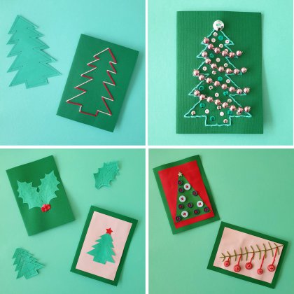 Kerstkaarten kun je ook borduren, op lege kerstkaarten. Met het prikblok maakten we een kerstboom mal die we meerdere keren kunnen gebruiken.
