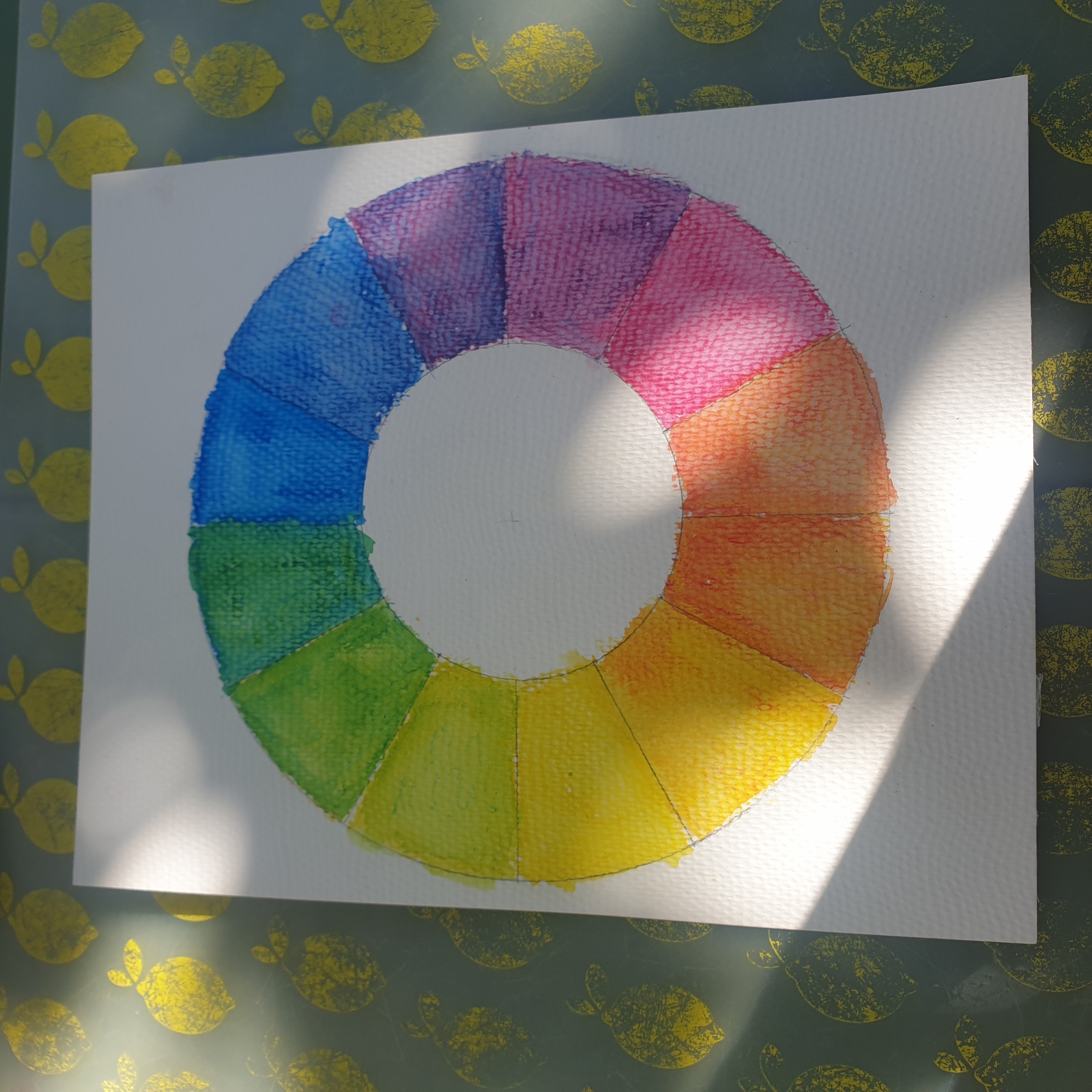 Met aquarel potloden kun je kinderen ook heel goed uitleggen hoe de kleurencirkel werkt. Een kleurencirkel laat zien hoe je van de drie primaire kleuren rood, geel en blauw de andere kleuren maakt.