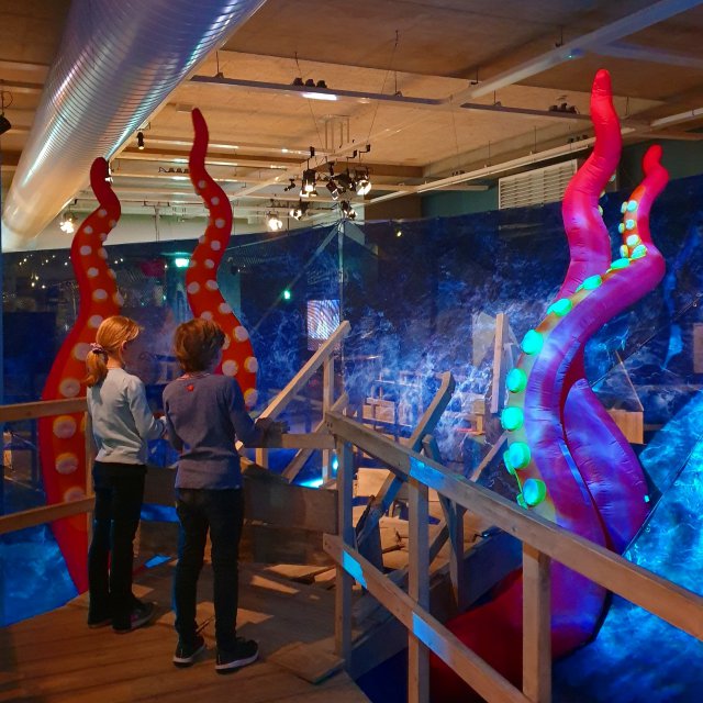 Maritiem Museum met kids: reizen en werken op zee. Familietentoonstelling de Zeemonsters. Kinderen vanaf 4 jaar ontdekken zes waterwezens. Denk aan het Monster van Loch Ness, een mega octopus, een reuzenkrab, zeemeerminnen, een grote schildpad en de walvis die Jonas opat. Ook hier kunnen de kinderen van alles zelf doen en leren allemaal weetjes over zeedieren. 