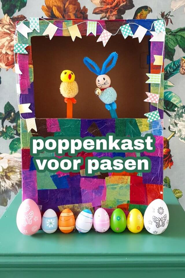 Poppenkast voor Pasen knutselen met paashaas en paaskuikentje. Kleine meis verzint graag toneelstukjes. Om zelf te spelen, of voor in een poppenkast. Daarom knutselen we deze poppenkast voor Pasen. Compleet met paashaas en paaskuikentje als poppenkast poppetjes.