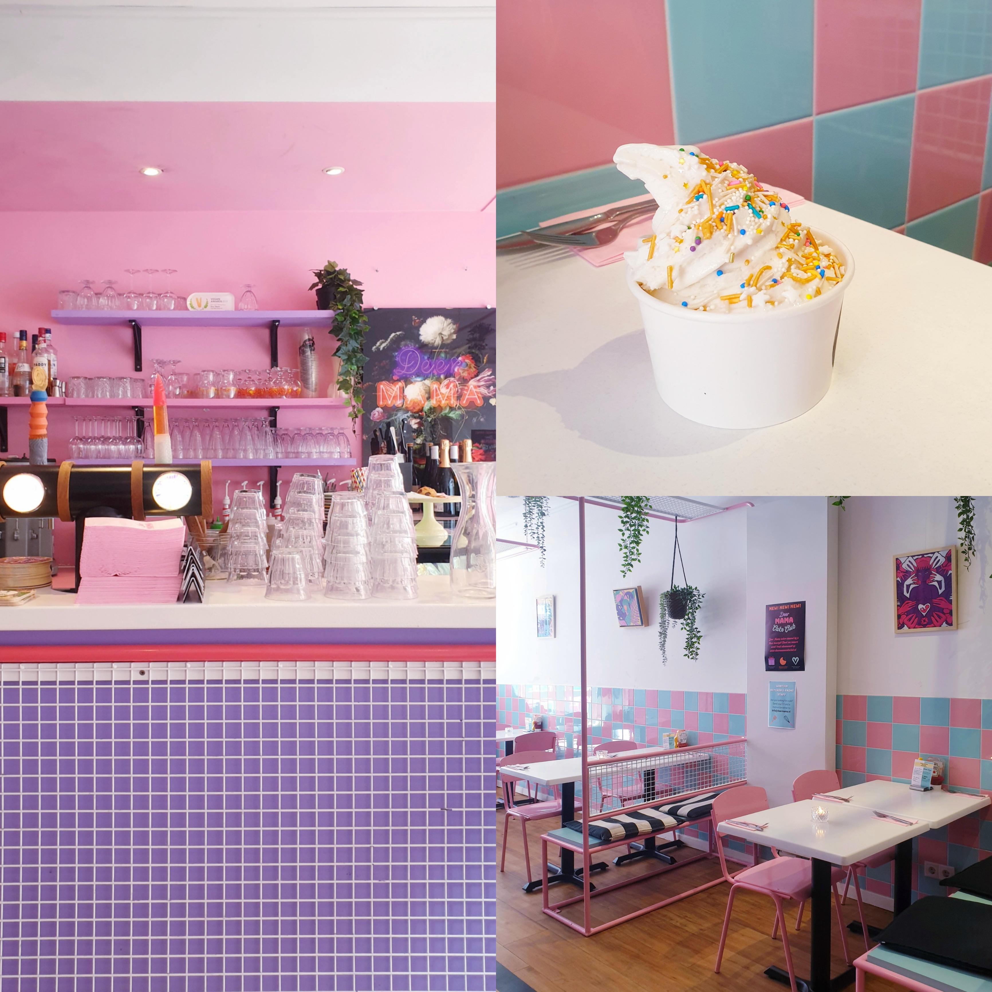 Amsterdam met kinderen: winkels, restaurants en speeltuinen in de Pijp. Alleen de kleuren zijn al voldoende reden om Deer Mama fantastisch te vinden, maar ze hebben er ook allerlei lekkere dingen. Allemaal vegan, zoals hamburgers en dit ijsje. Of beter gezegd mega ijs, dus volgende keer delen de kids er één!