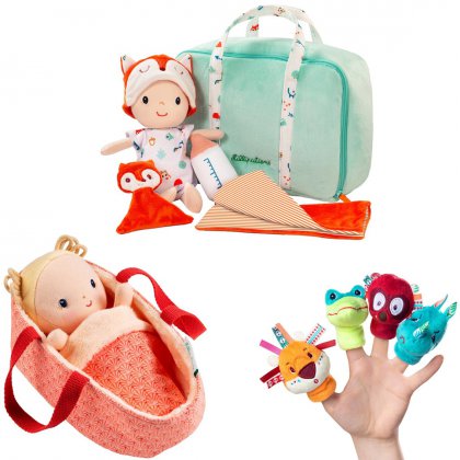 Baby verjaardag: cadeau ideeën voor kinderen van 1 jaar. Lilliputiens heeft allerlei leuke sets van mandjes of tasjes met een pop of knuffel.
