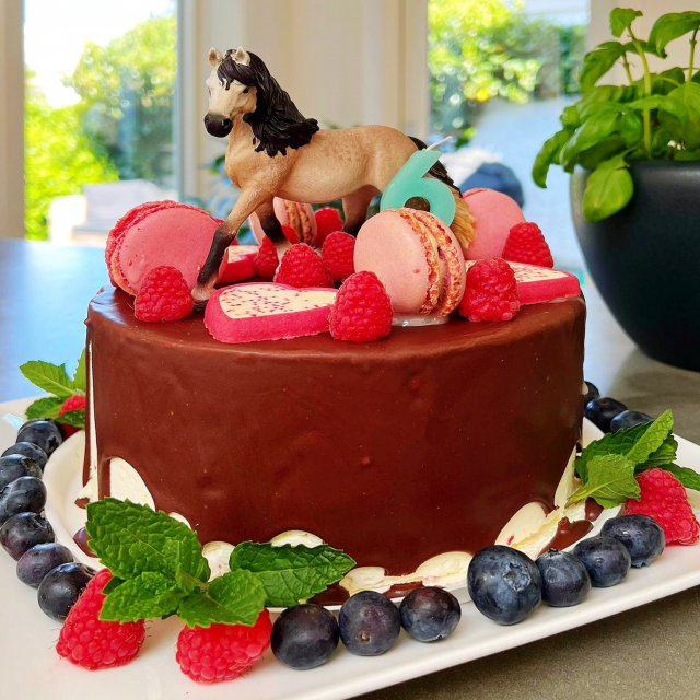 Dripcake versieren: leuke ideeën voor een verjaardagstaart. Deze dripcake is heel makkelijk en ziet er super leuk uit. Versierd met een speelgoed paard, macarons en hartjes, leuk voor wie op paardrijden zit.
