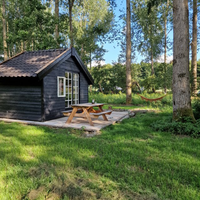 Je slaapt in een yurt, houten huisje of Bell tent.