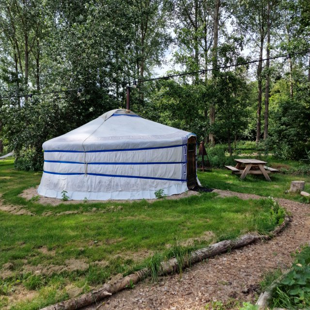 Je slaapt in een yurt, houten huisje of Bell tent.