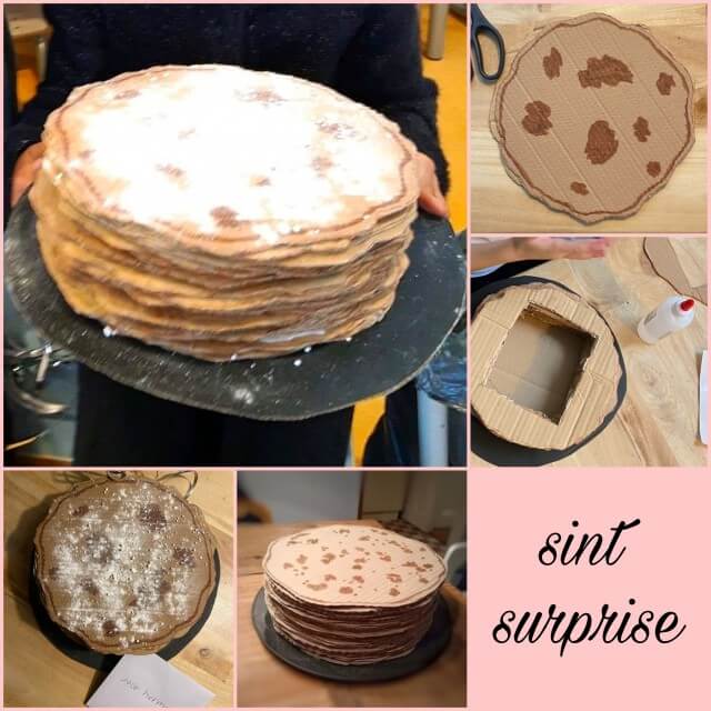 Sinterklaas surprise knutselen: leuke ideeën. De zoon van Hanna knutselde in groep 6 deze pannenkoek surprise. Alle pannenkoeken zijn gemaakt van bruin karton.  Leuk voor jongens en meisjes die van eten en zoetigheid houden!