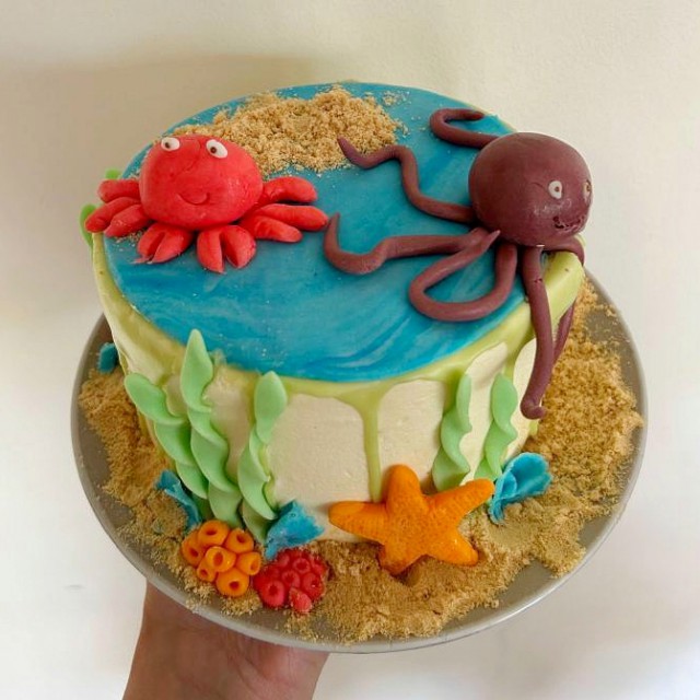 Dripcake versieren: leuke ideeën voor een verjaardagstaart. Marieke maakte deze mooie dripcakes in zee thema. Een zeemeermin dripcake en een taart met inktvis, krab, zeesterren en waterplanten.