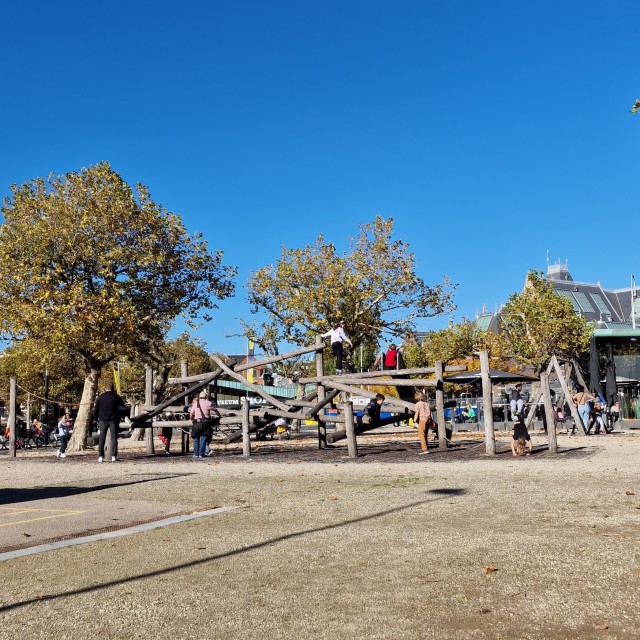 Op het Museumplein is een grote vijver, een houten speeltuin, een basketbalveld en een skate ramp. 