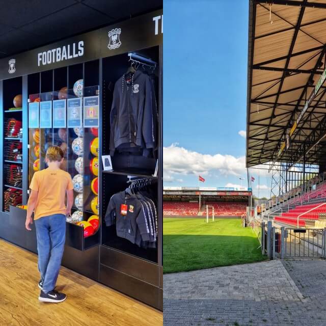 Midden in een woonwijk in Deventer ligt de Adelaarshorst, het stadion van Go Ahead Eagles. Wij hadden mazzel, net toen we er waren was de fanstore open. Dus konden we een rondje over het terrein lopen en op het veld spieken. 