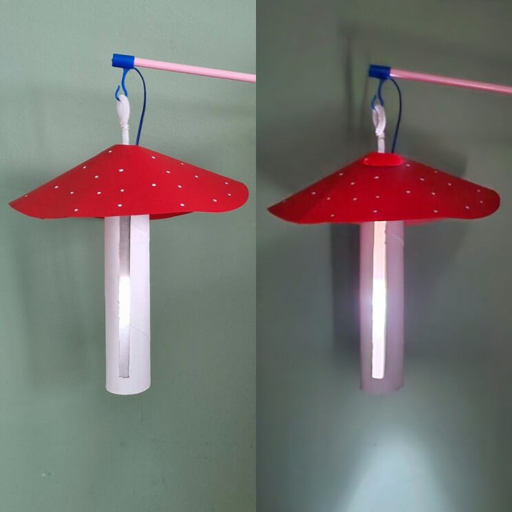 De Leuke Update | kids nieuwtjes, ideeën, musthaves en uitjes. Deze paddenstoel lampion maakten we met een witgeverfde lege keukenrol en een vouwblaadje.