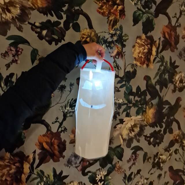 Onze jongen maakte deze lampion van papier en lamineerfolie op school in groep 8. 