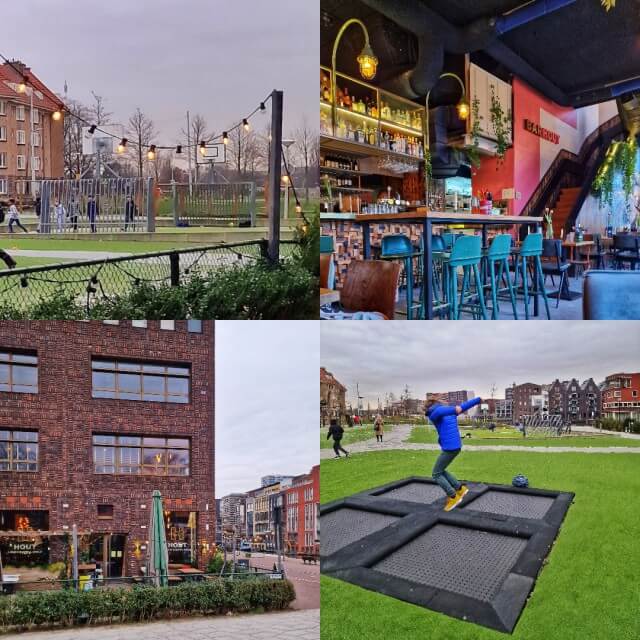 Bar Hout is een tof plekje in de nieuwe wijk de Houthavens in Amsterdam. Naast het terras zit een groot kunstgras voetbalveld, een houten speeltuin en trampolines. Oftewel: alle ruimte voor kids en tieners. Ook leuk: een wandeling maken door de Houthavens. Wat een toffe buurt is dat, in de stijl van verschillende andere Amsterdamse buurten.