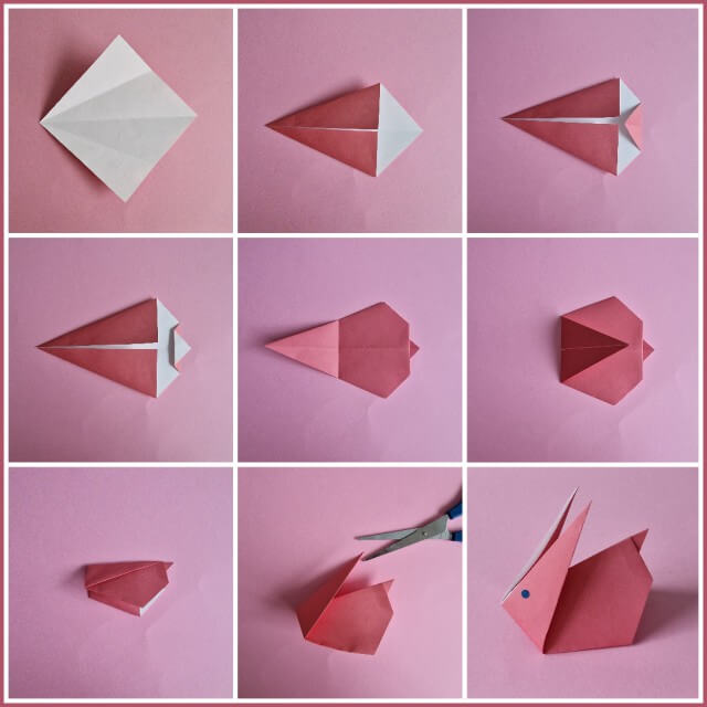 Konijn of haas knutselen en tekenen: leuke ideeën, zoals dit makkelijke origami konijntje of haasje met stap voor stap uitleg. Op zoek naar een leuk idee om een haas of konijn te knutselen of tekenen? Hier vind je leuke knutsels en tekeningen van konijntjes en haasjes. Easy origami bunny or rabbit. 