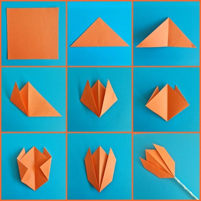 Origami tulp vouwen: uitleg in stappen. Deze tulp is een van de makkelijkste origami ideeën die je kunt vouwen. Hier zie je de uitleg in stappen van deze origami tulp. 
